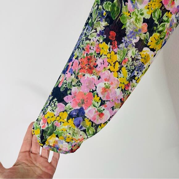 Vintage blue pink green floral garden button front chiffon top large - Picture 4 of 8